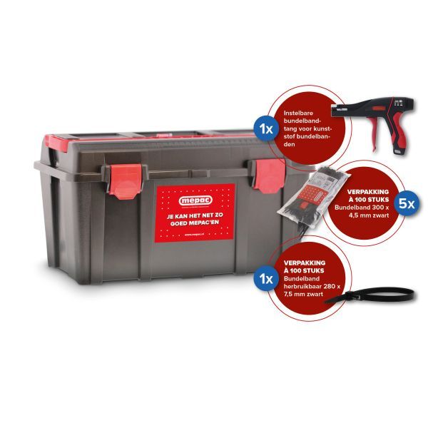 Actie met gereedschapskoffer met bundelbanden en tang