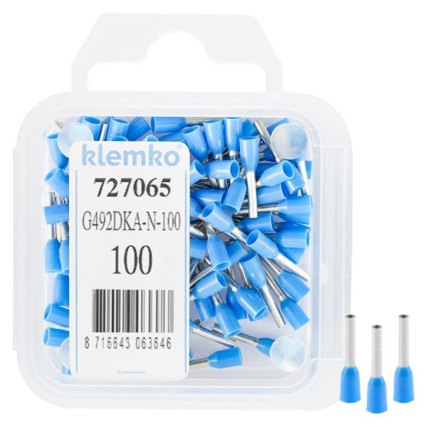 Klemko blister geïsoleerde adereindhulzen 2,5 mm² in DIN kleur blauw penlengte 8mm 100 stuks | 727065