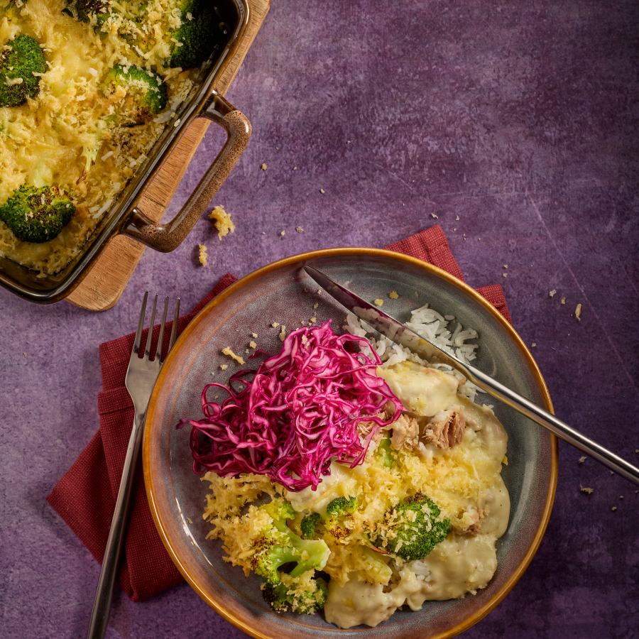 Tonijn mornay met rodekoolpickle