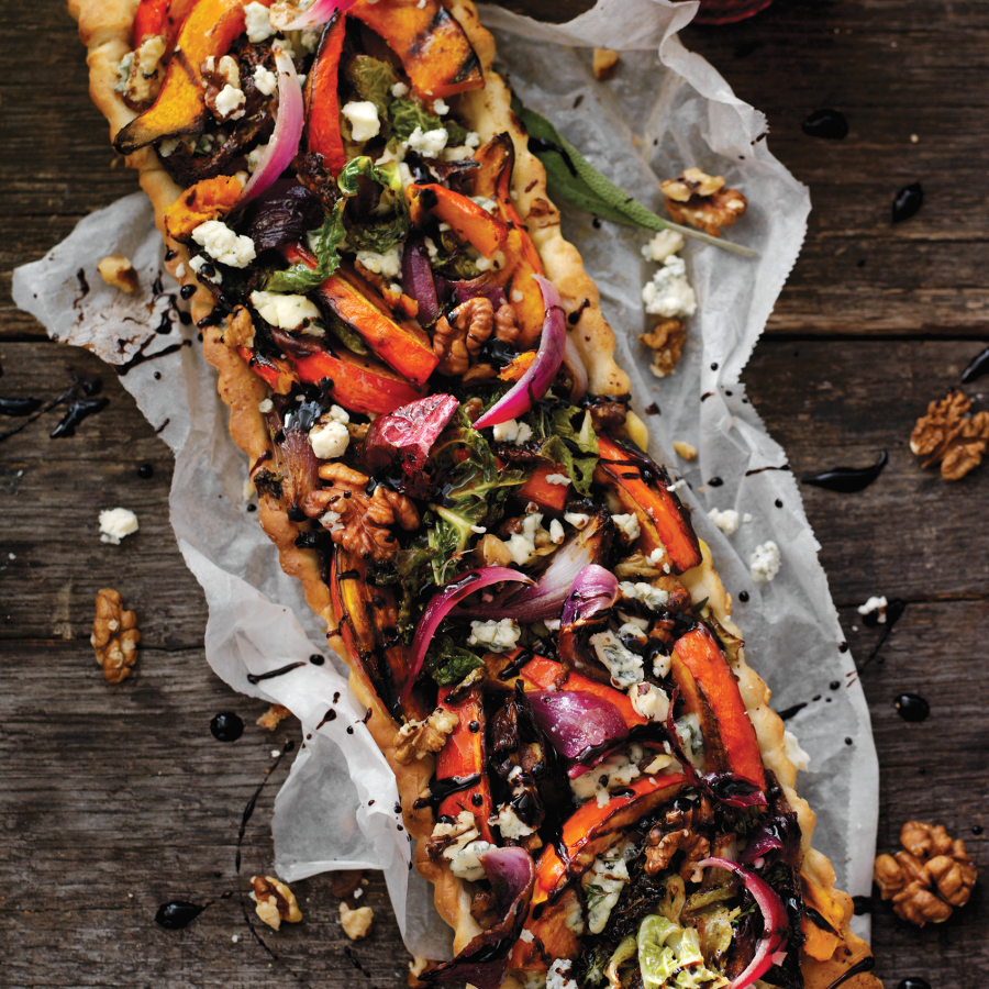 Quiche met pompoen, blauwe kaas en walnoten