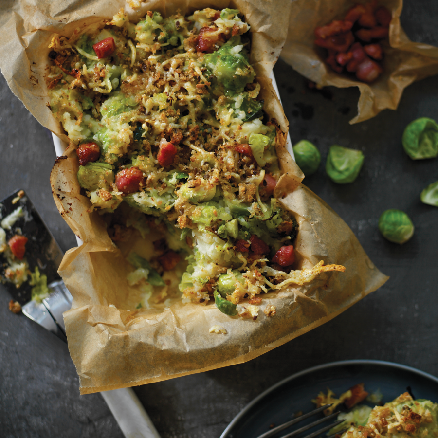 Ovenschotel met spruiten en spek