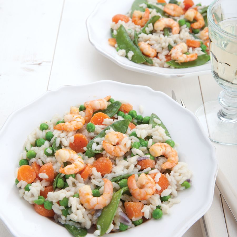 Risotto met lentegroenten en garnaaltjes