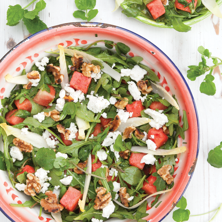 Salade met watermeloen, witlof en geitenkaas