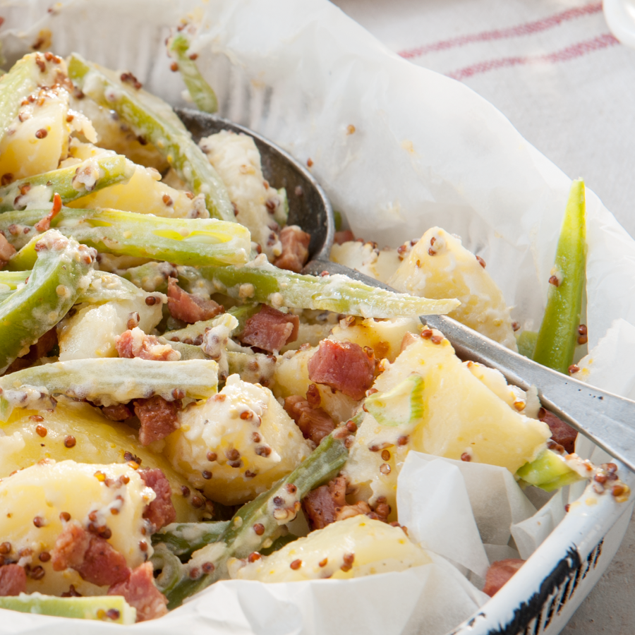 Aardappelsalade met mosterd en spekjes