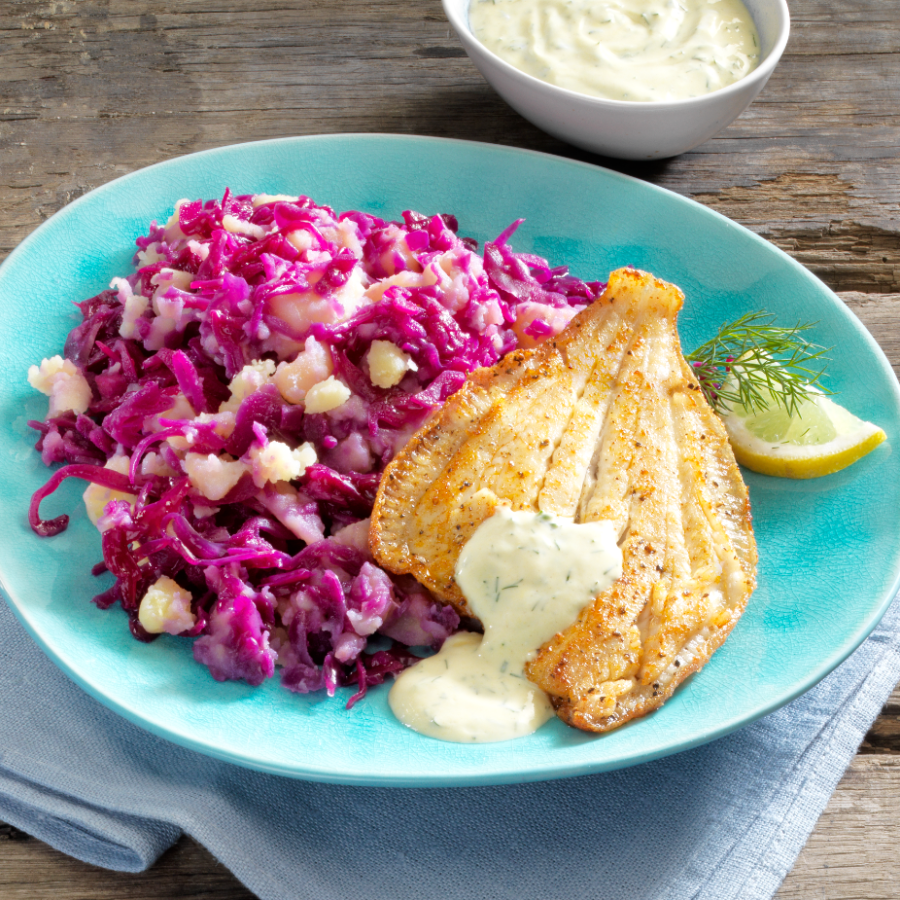 Rodekool stamppot met scholfilet