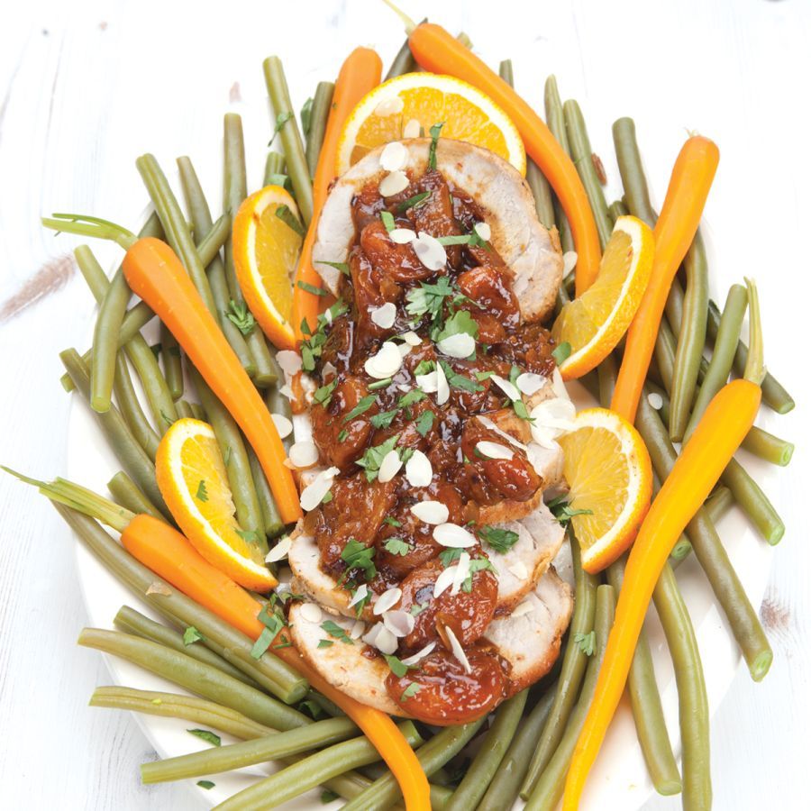 Varkensrollade met amandelen en abrikoosjes