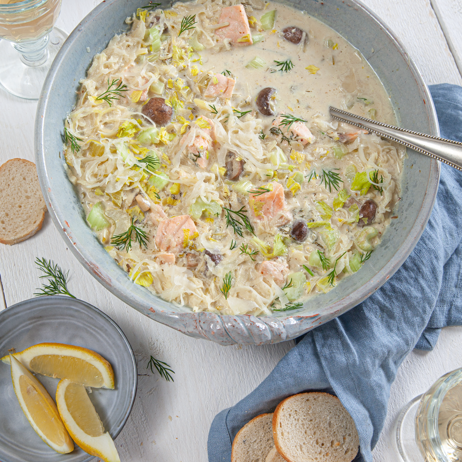 Waterzooi met zuurkool en zalm