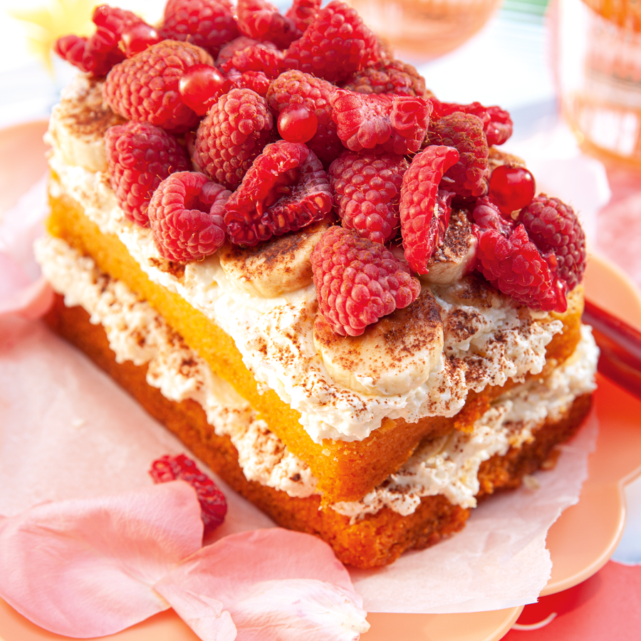 Bounty dessert met vanille, banaan en frambozen