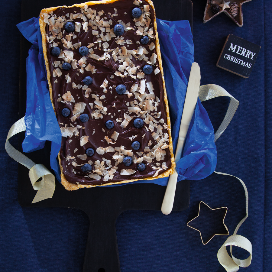 Kokos-abrikozen plaatkoek met chocolade