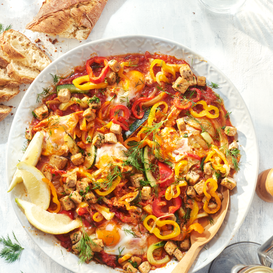 Shakshuka met venkel, tomaat, ei en krokant blokjes tofu