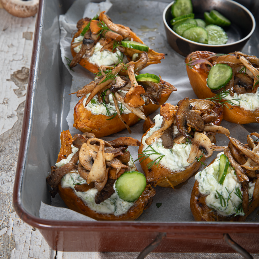 Zoete aardappel uit de oven met paddenstoel shoarma