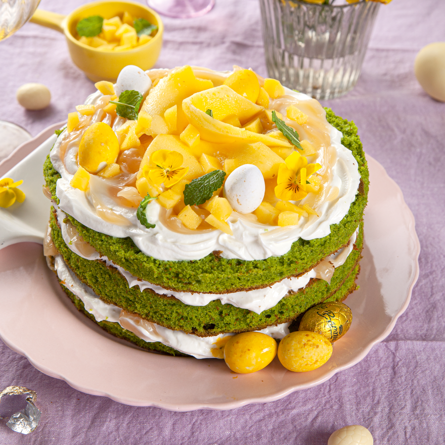 Lentetaart met spinazie cake, lemoncurd, Griekse yoghurt en munt 