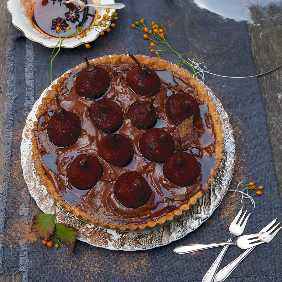 Chocoladetaart met stoofpeertjes