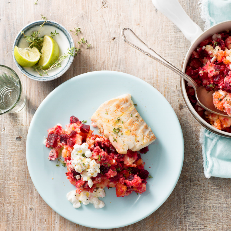 Wortel-bieten stamppot met kabeljauw