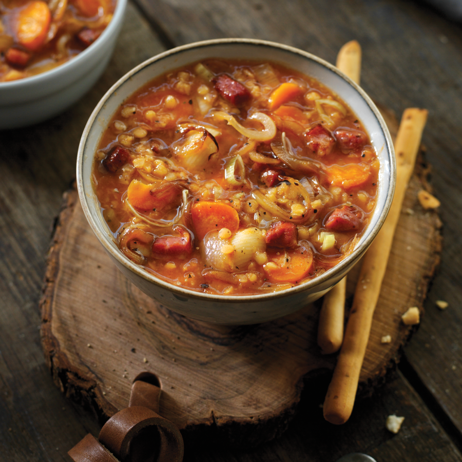 Gevulde linzensoep met pasta