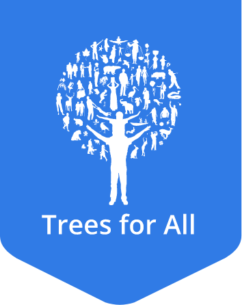 Trees for All logo, wereld bol met mensen en dieren erin gevormd als een boom
