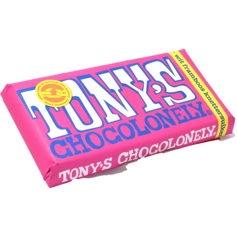 - Tony''s Chocolonely Wit Framboos Knettersuiker Chocolade Reep 180gr