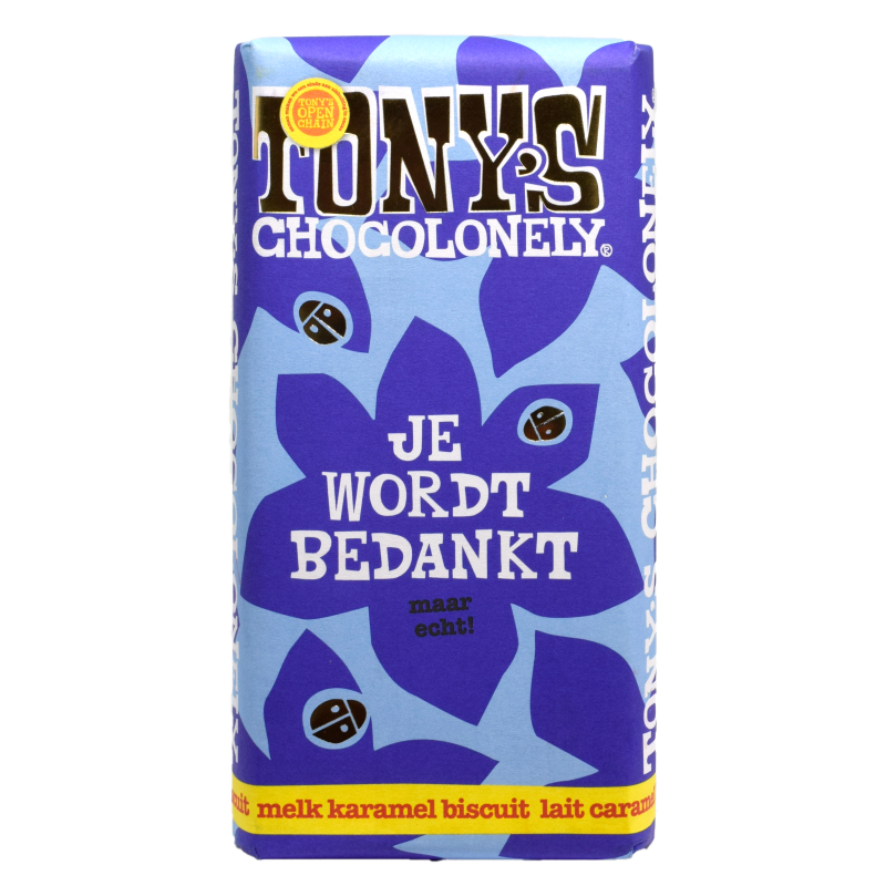 - Tony''s Chocolonely - Je Wordt Bedankt Melk Karamel Biscuit Chocolade Reep 180g