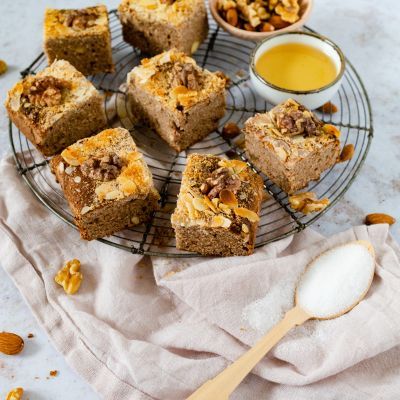 Banana coconut cake with walnuts and almonds